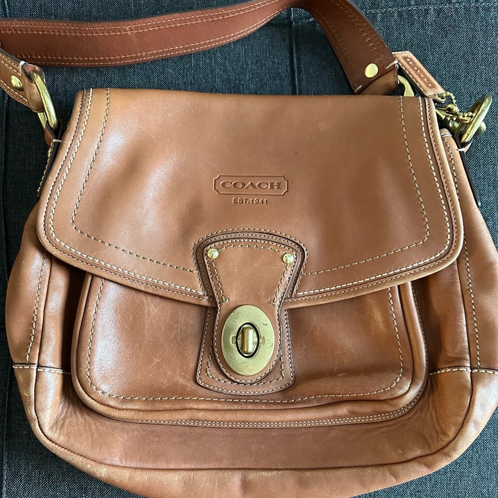 Coach Ali Legacy Saddle Flap Tan Leather Shoulder Bag with Gold Accents